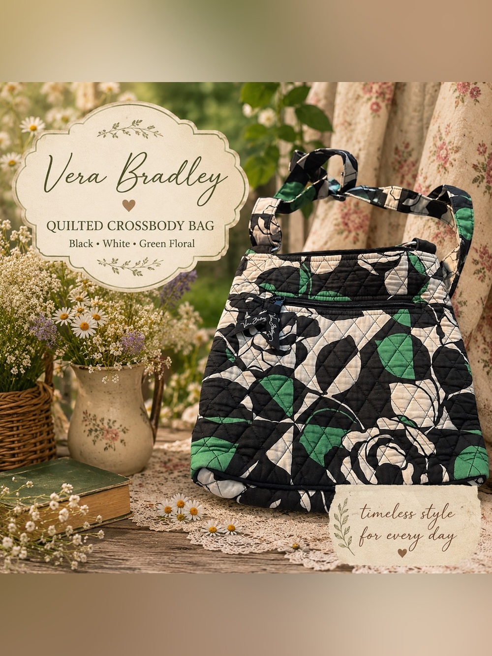 Vera Bradley Quilted Crossbody Shoulder Bag Black White Green Floral Print